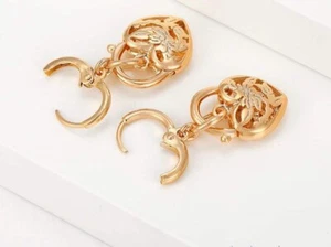 Victorian 18ct 18k Yellow Gold Plated Classic Heart Dangle Earrings 3.6cm Uk