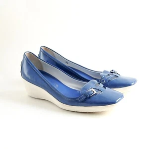 Tod's Wedge Loafers Blue Leather Womens Shoe Size EU 36 US 6 - Picture 1 of 11
