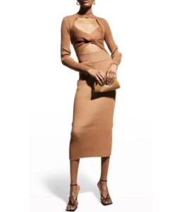 Amur Guadalupe Dress Medium Womens Brown Knit Ribbed Cutout Long Sleeve Bodycon - Picture 1 of 14