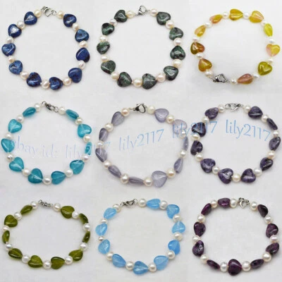 Brazalete de perlas naturales de 7-8 mm blancas de 12 mm con piedras preciosas mixtas en forma de corazón de 7,5"" Foto 1 de 4