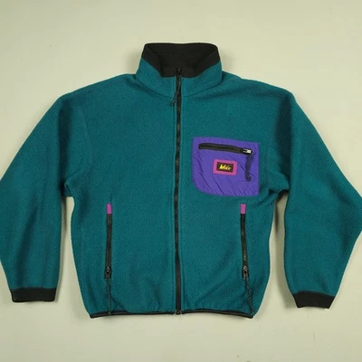 Chaqueta polar REI vintage juvenil talla 8 verde azulado púrpura bolsillos con cremallera completa exterior Foto 1 de 4