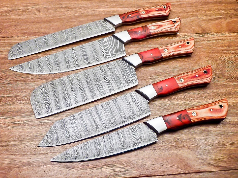 Damascus handmade Chef Knife 5 Pc Set - Best Gift, Damascus Kitchen Knives Set , - Image 1 of 4