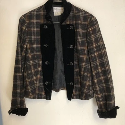 Chaqueta corta para mujer de colección mezcla de lana a cuadros talla 12 ribete de terciopelo frente abierto VALE LA PENA Foto 1 de 4