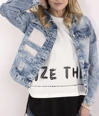 TREDY NEU Gr. 4 XXL 44 46 48 50 LEO PRINT  Glitzer Denim Stretch JEANS JACKE - Bild 1 von 4