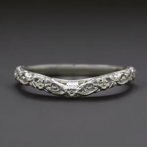 VINTAGE STYLE FLORAL WEDDING BAND 14k WHITE GOLD CURVED CONTOUR ORANGE BLOSSOM - Picture 1 of 1