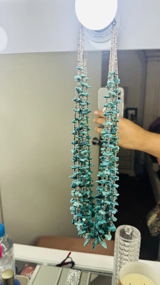 COLLAR VINTAGE HECHO A MANO de plata esterlina turquesa azul antiguo 4 hebras con HEISHI Foto 1 de 4