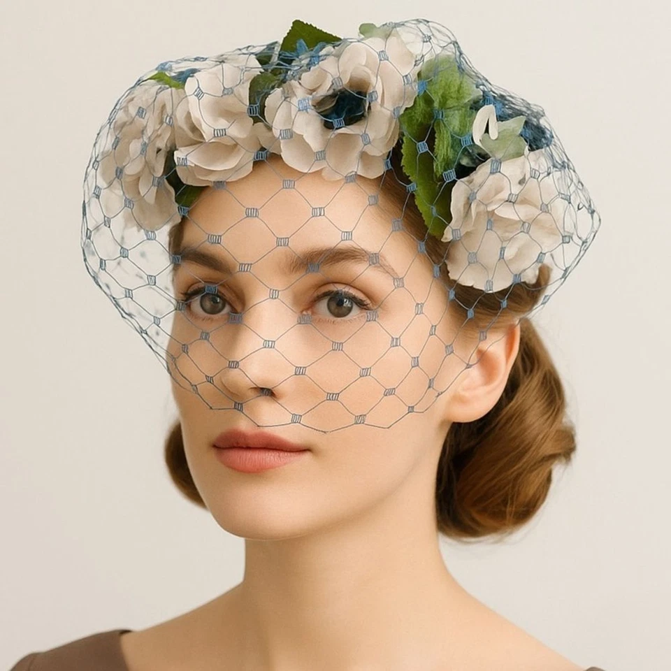 Vintage 1950s Le Cavalier Floral Hat w/ Veil White Roses Blue Accents Netting - Image 1 of 4