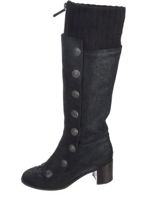 Chanel Azul Botones Tejido Hasta la Rodilla Botas 37 IT Foto 1 de 4