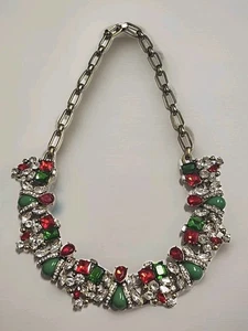1988 Ultimate Statement Christmas Holiday Necklace Red Jade Green Rhinestones - Picture 1 of 11