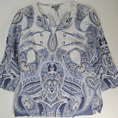 Blusa JM Collection 100% Lino Mujer Pequeña Blanca Azul Paisley Boho Dinero Antiguo Foto 1 de 4
