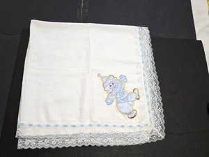 Manta bebé tejido algodón vintage apliques payaso cinta azul ribete encaje 36"x36" - Imagen 1 de 9