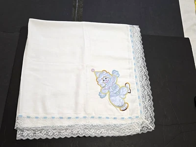 Manta bebé tejido algodón vintage apliques payaso cinta azul ribete encaje 36"x36" Foto 1 de 4
