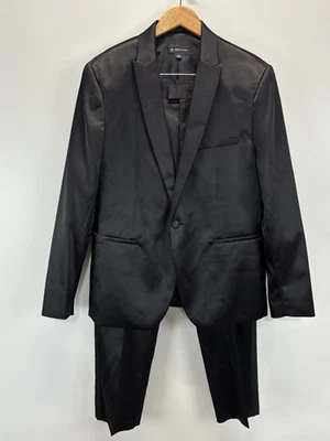 INC 2 Pc Satin Pant Suit Large Blazer Jacket  36x29 Pants Satin Slim Fit Black - Image 1 of 4