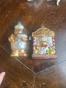 VTG Glass Blow Mold Christmas Ornaments Gingerbread Baker Man & Shop - Set Of 2 - Picture 1 of 17