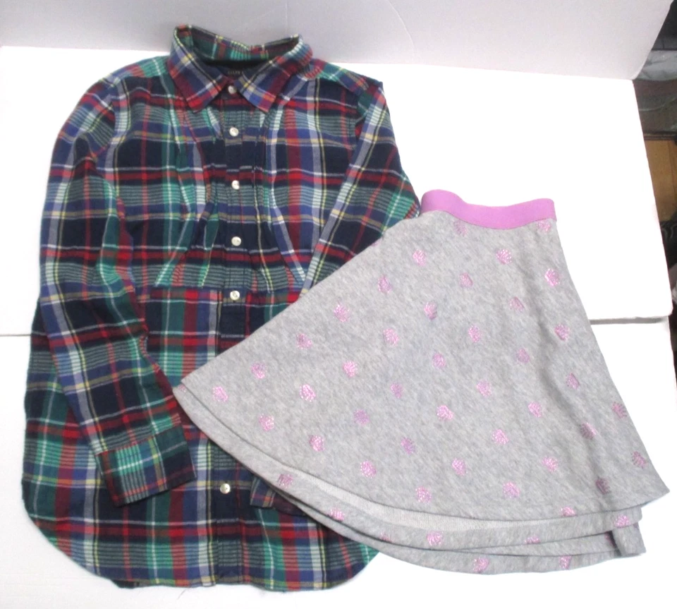 2 GIRLS RALPH LAUREN BLUE PLAID SHIRT & NEW GYMBOREE GRAY SKIRT SIZE 10 & 10 12 - Image 1 of 4