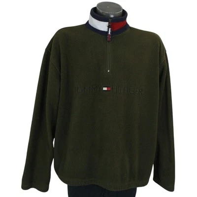 De colección Años 90 Tommy Hilfiger Bordado Deletrear Logo Verde 1/4 Cremallera Vellón XL Foto 1 de 4