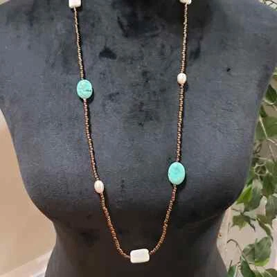 Womens Gold Tone Beads Blue Turquoise Stone Teardrop Charm Necklace - Image 1 of 4
