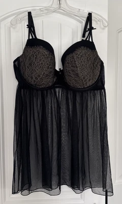 Lencería camisón sexy sujetador de encaje talla grande 44DDD cacique negro tul babydoll transparente Foto 1 de 4