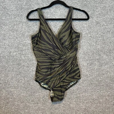 Traje de baño Miraclesuit de una pieza para mujer 10 verde negro a rayas acolchado adelgazante Foto 1 de 4