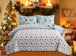 3 Piece Reversible Gift Santa Claus Quilt Bedding Set   - Picture 1 of 4