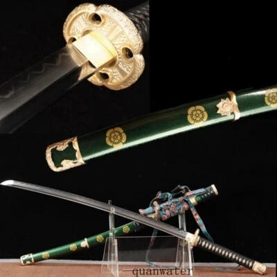 T10 clay tempered blade japanese samurai sword katana green saya brass tsuba - Image 1 of 4