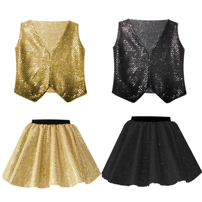 GIRLS Black and Gold Dance Costume SEQUIN Sparkle JAZZ TAP SEQUIN Festival SHOW - Image 1 of 4