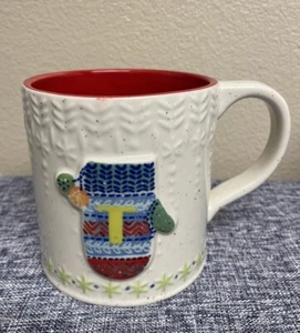 Anthropologie BUNDLED UP Monogram Letter ‘T’ Winter Coffee Tea Latte Mug Cup EUC - Picture 1 of 10