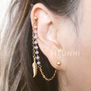 Handmade 20g 16g Opal Crystal Feather dangled Long Chain Helix to lobe ear studs - Picture 1 of 8