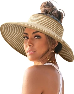 Sun Visor Hats for Women Wide Brim Straw Ponytail Summer Beach Hat UV UPF Packab - Picture 1 of 12