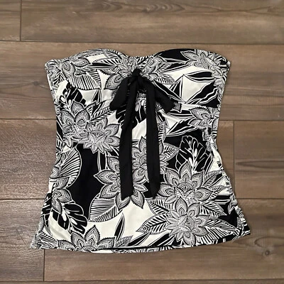Lauren Ralph Tankini Top Paisley Floral Shirred Ruched Bow Black White Women's - Image 1 of 4