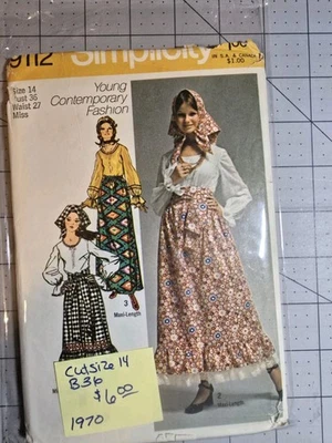 Vtg 70s Simplicity 9112 Pattern Sz 14  Boho Hippy Midi Maxi Skirt Blouse Scarf  - Image 1 of 2