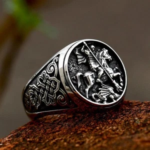 Men St Saint Benedict Medal George Dragon Ring Knight Templar Stainless Steel - Picture 1 of 28