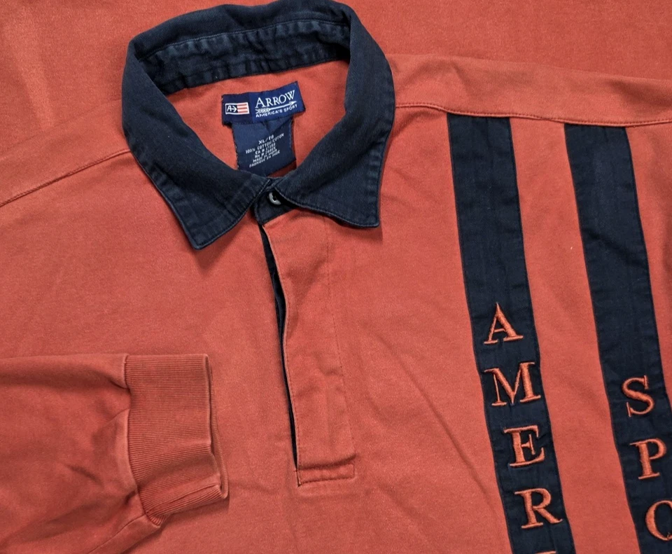 Vtg 90 Arrow  Sport Rugby Polo Embroider  Logo Long Sleeve Shirt Mens XL Orange - Image 1 of 4