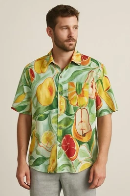 H&M Men’s Vintage Tropical Fruit Print Shirt – Hawaiian Button-Up Summer XL - Image 1 of 4