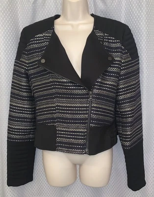 BCBG Chaqueta Moto Tweed Negro Oro Azul Talla Mediana Foto 1 de 4