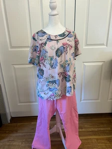 Disney Eeyore Women's Medical Scrub Top Pink Purple Gray  XL Gathered Back Waist - Picture 1 of 5