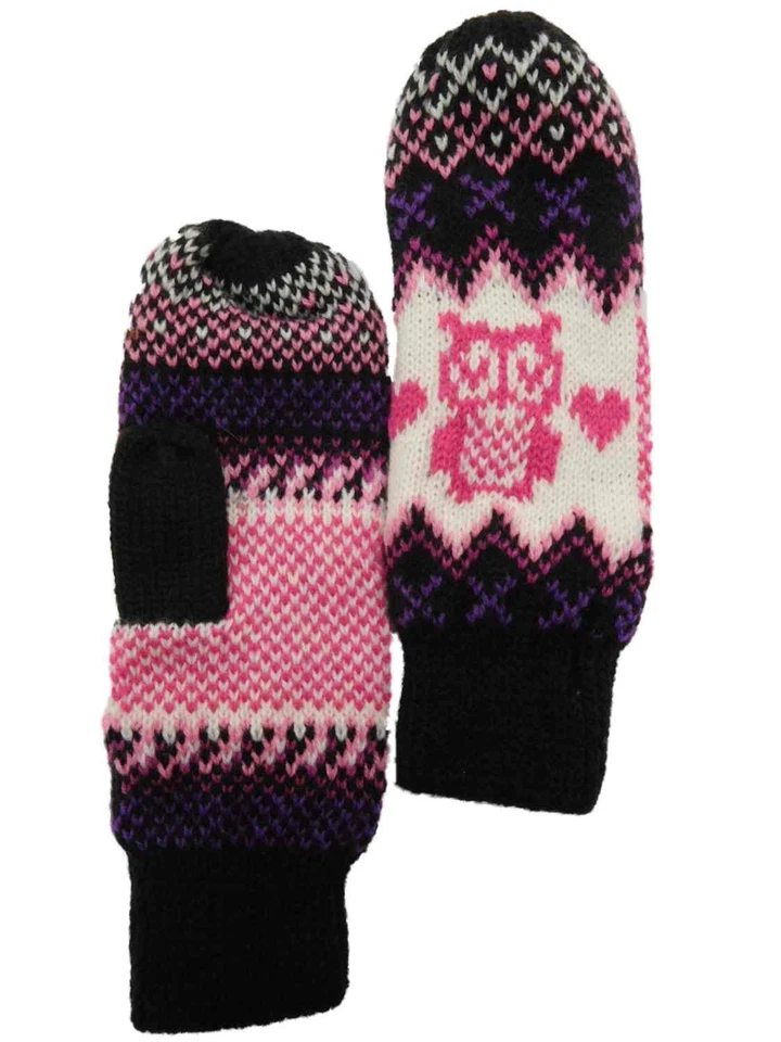 Mitones de búho de punto rosa y negro para niñas patrón cosido en cruz 4-7 Foto 1 de 1