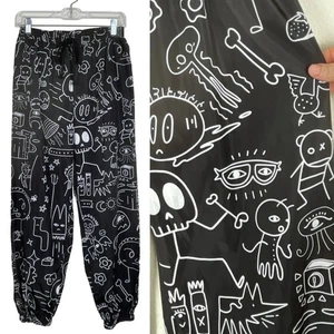 Cartoon Drawing Pants Water Resistant B/W Chalkboard Style Weird Graffiti Sz M - Picture 1 of 12