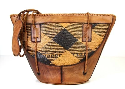 Handmade BROWN BLACK WOVEN STRAW SADDLE LEATHER ZIP TOP SHOULDER BAG TOTE BACKET - Image 1 of 4