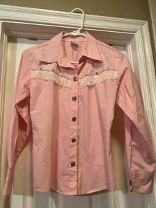 O9 Apparel girls size XL western shirt pale pink white fringe silver buttons - Picture 1 of 3