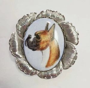Vtg Boxer Brooch Pendant 2" Dog Silver Tone Fashion Jewelry Flower Fawn Brindle - Picture 1 of 4
