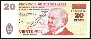 ARGENTINA BUENOS AIRES EMERGENCY NOTE 2001 20 PESOS PATACON - SPECEIMEN EC#222S - Picture 1 of 2