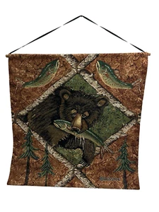 Vintage Tapestry Black Bear Catching Fish Wall Hanging Adirondack Fisherman - Picture 1 of 5