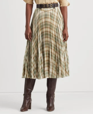 Falda Georgette Metálica Plisada a Cuadros Lauren Ralph Lauren Crema Oliva Talla 10 Foto 1 de 4