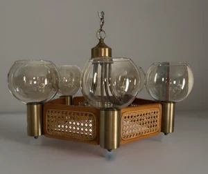 Vintage 70s Wicker Rattan Lamp Ceiling 5 Globe Light Fixture Sarama Inc. - Picture 1 of 17