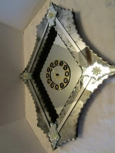 Vintage Venetian Glass Wall Clock Vein Mirror pie-crust beveled edges 29”T 1960s - Picture 1 of 12