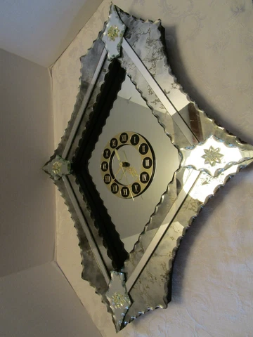 Retro Venetian Glass Wall Clock Vein Mirrored serrated beveled edges 29”T 1960's Cover