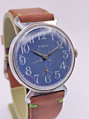 Reloj Hombre Pobeda 2602 Vintage Esfera Azul Soviética URSS Mecánico Cuero Años 80 Foto 1 de 4