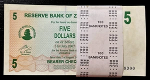 Zimbabwe 5 DOLLARS P-38 2006 x 100 Pcs Lot BUNDLE Cheque UNC Zimbabwean BANKNOTE - Picture 1 of 7
