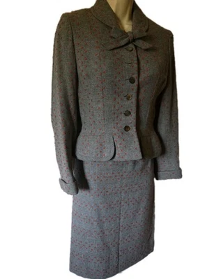 复古 40 年代 WWII Era 女式西装 S M 夹克裙灰色/橙色薄纱口袋 — 第 1/4 张图片